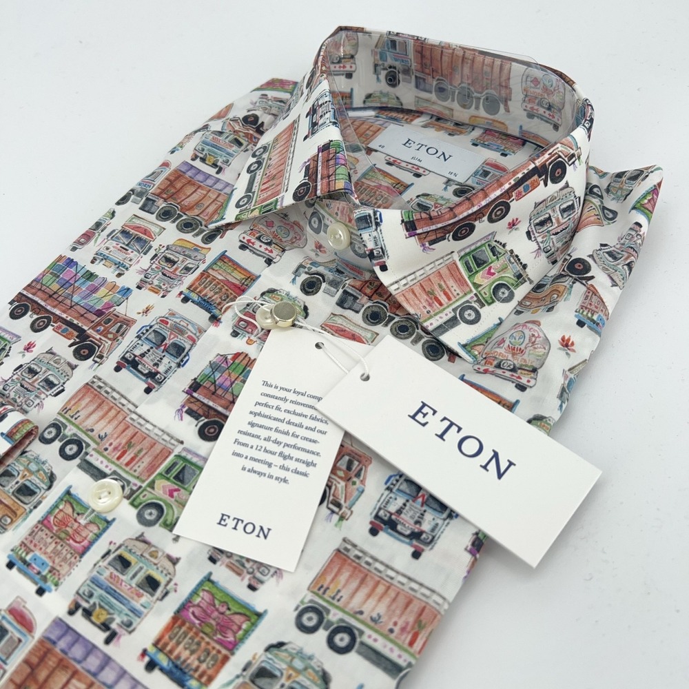 Eton Dress Shirt Mens 15.75‎ 40 White Truck Print Slim Fit Signature Twill
